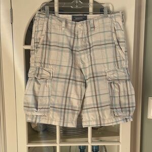 Men's Plaid Cargo Shorts - Cream and Blue